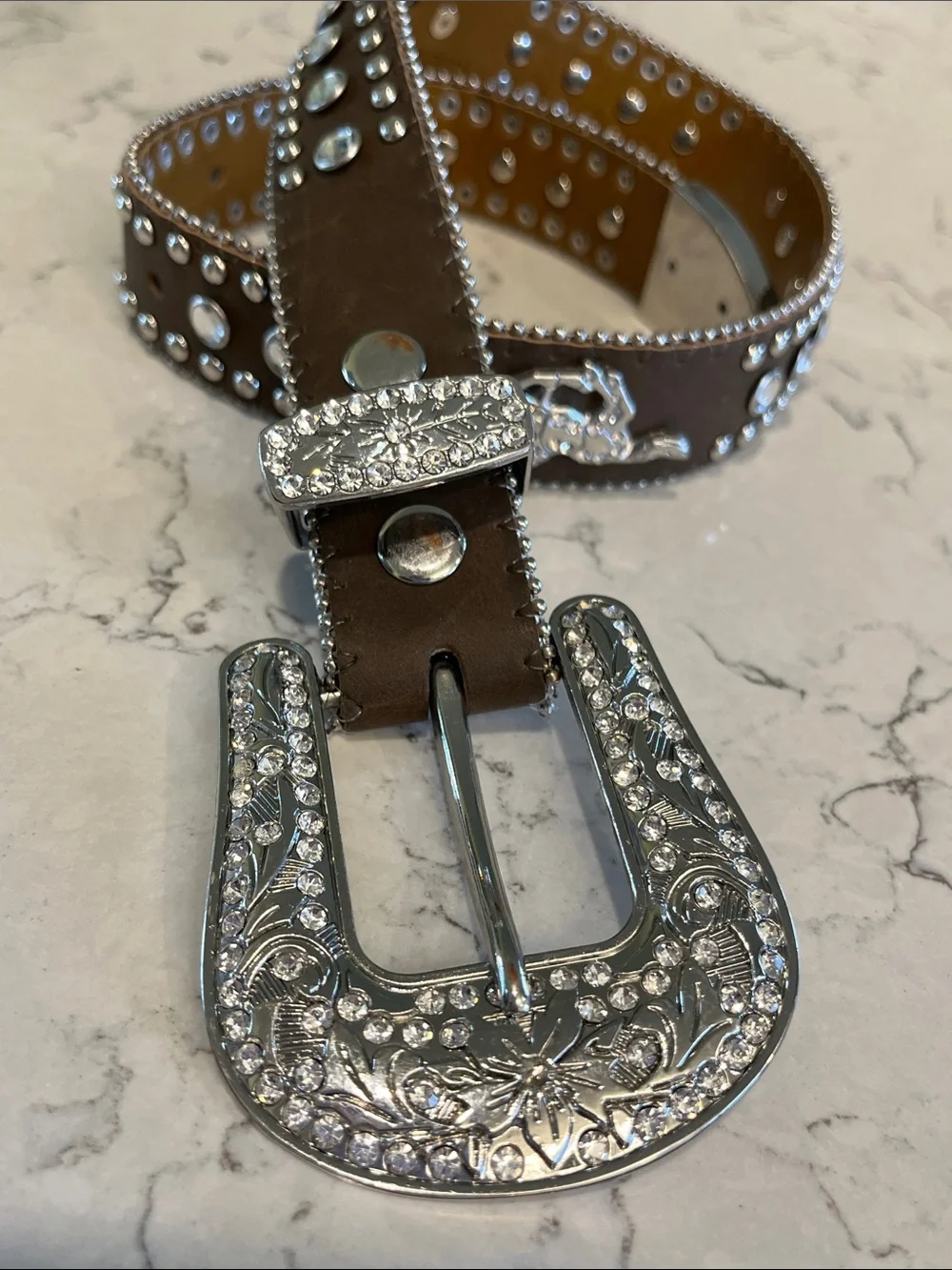 Girls Brown Studded Western Belt with Ornate Silver Buckle